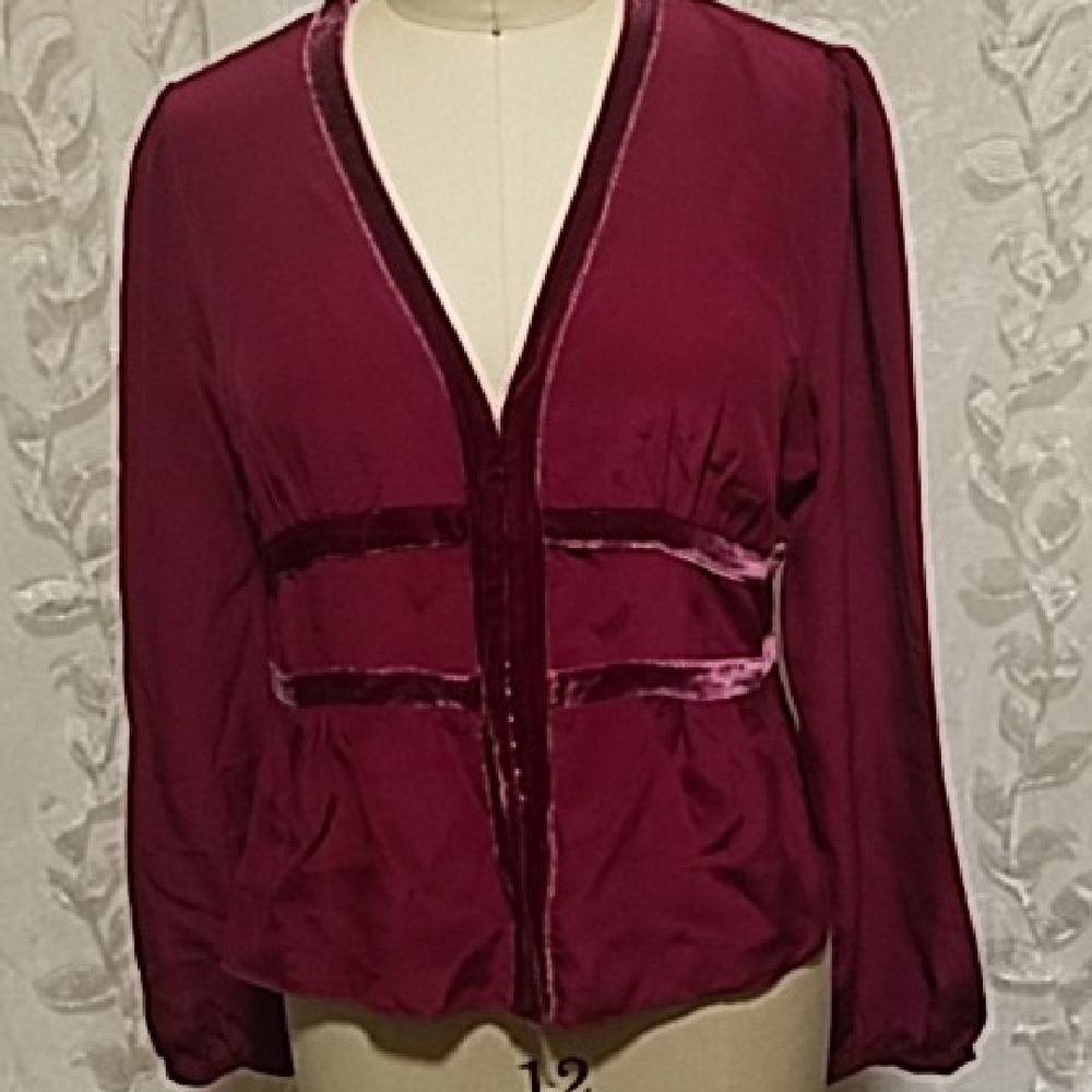 Boston Proper 100% Silk Burgundy Velvet Trim Blouse